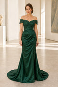 Emerald Off-the-Shoulder Mermaid Satin Floor-Length Dress With Lace Bodice