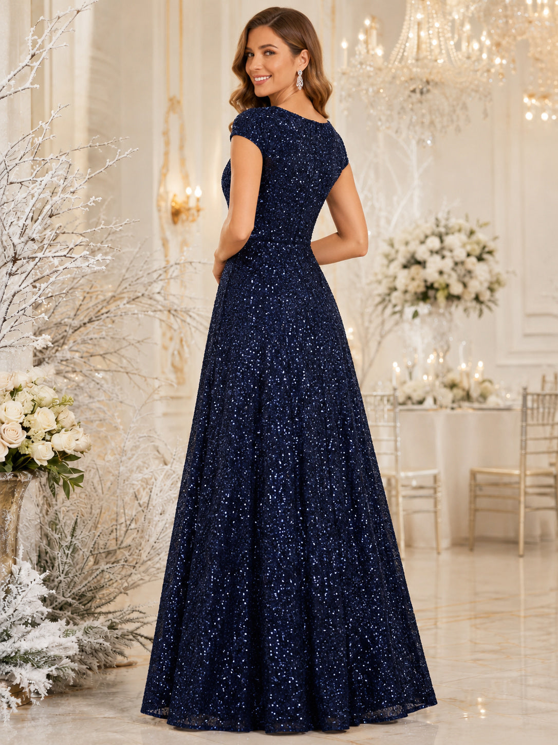 Dark Navy Bateau Cap Sleeve Sequin Floor Length Guest Dress back view