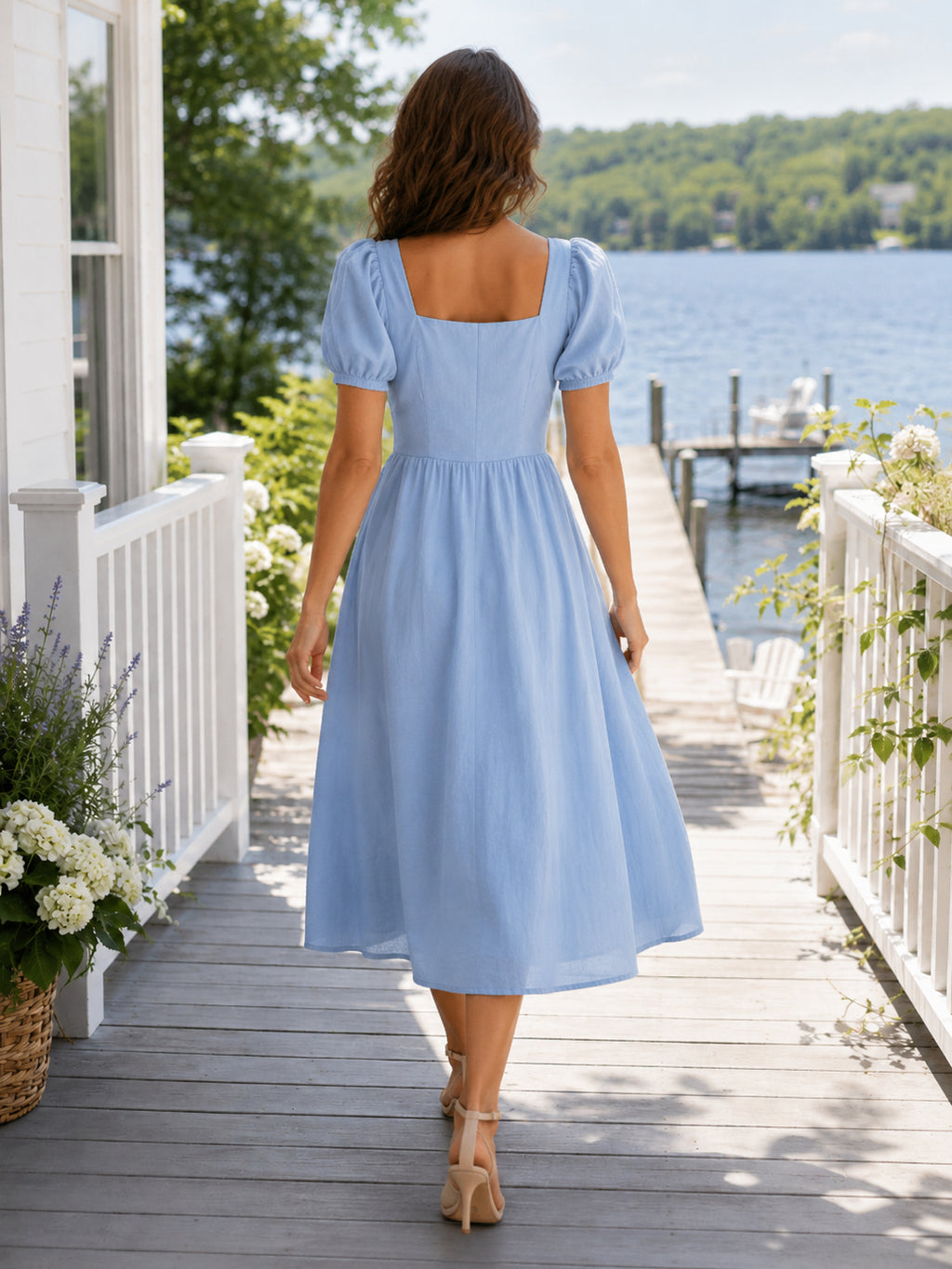 Sky blue puff sleeve square neck lake house midi dress back view