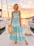 Aqua Fish Print Square Neck Tiered Vacation Maxi Dress front view