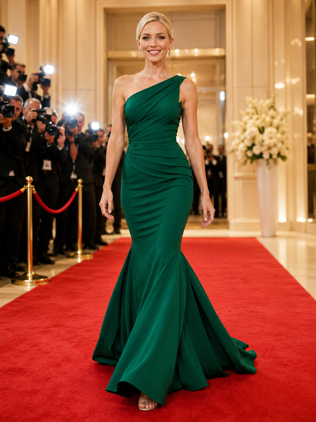 Emerald one shoulder satin mermaid red carpet gown front view