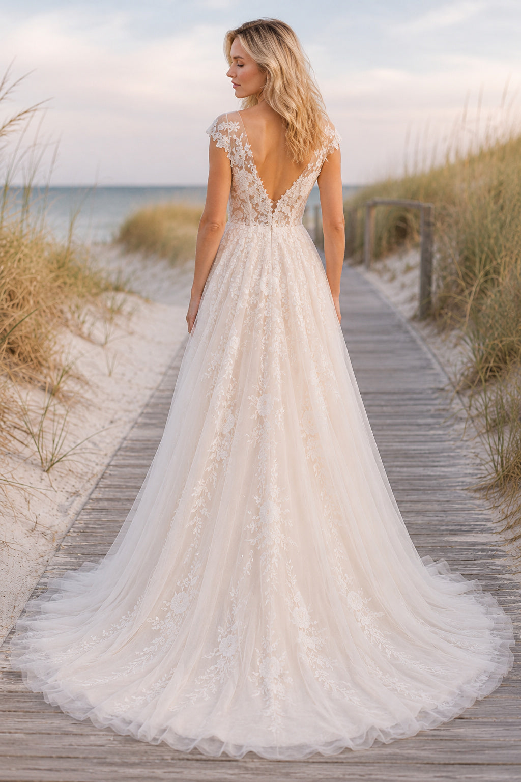 Blushing Pink Cap Sleeve V-Neck A-Line Beach Wedding Dress with Lace Appliques back view