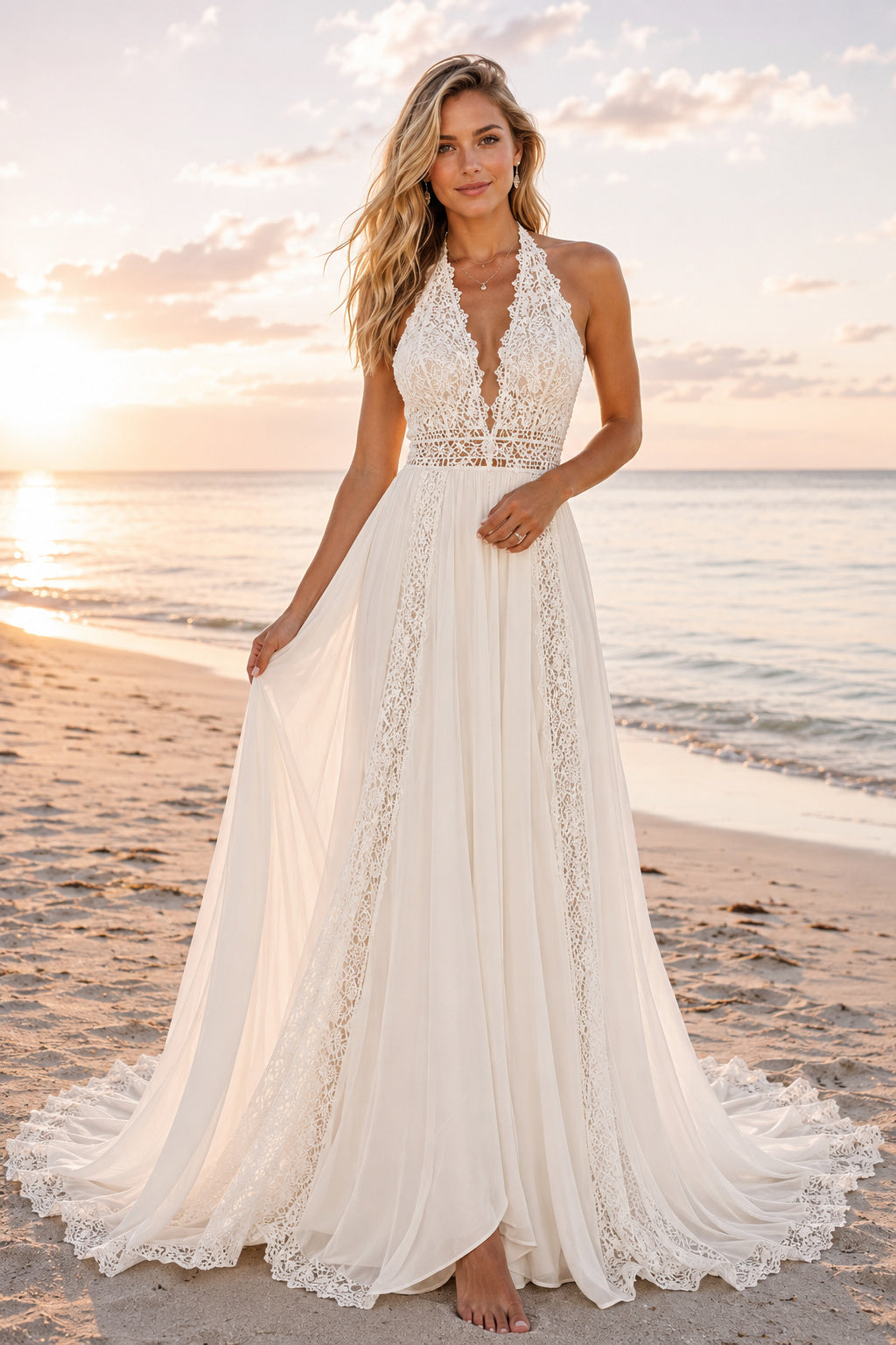 Ivory Halter Deep V Lace Tulle A-Line Wedding Dress Split Train for Bridal Ceremony and Reception front view