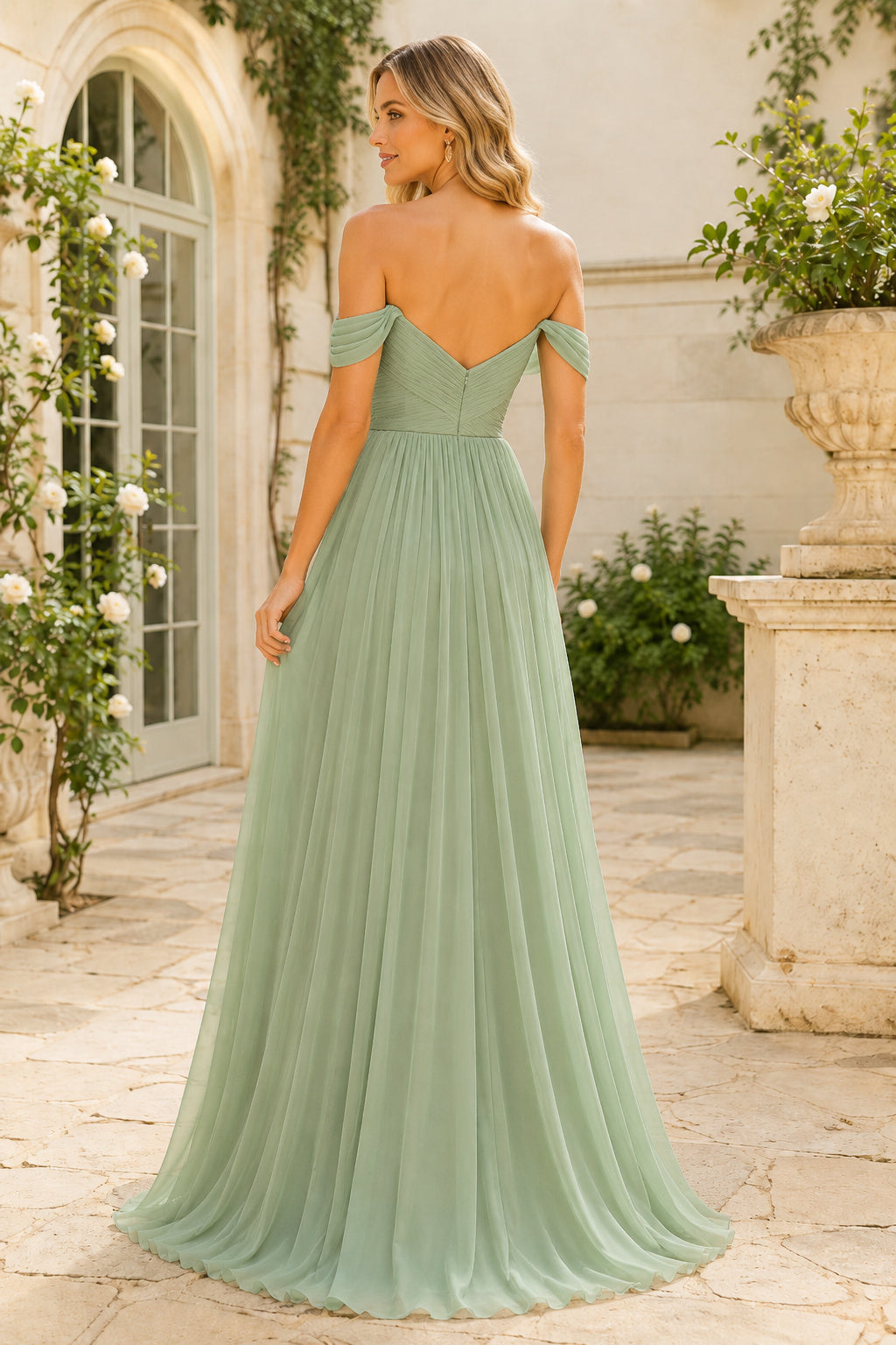 Sage Off-the-Shoulder Chiffon A-Line Bridesmaid Dress with Sweetheart Bodice back view