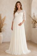 Ivory Maternity Jewel Neck Three Quarter Sleeve Chiffon A-Line Wedding Dress front view