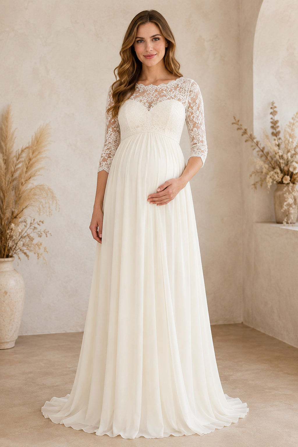 Ivory Maternity Jewel Neck Three Quarter Sleeve Chiffon A-Line Wedding Dress front view