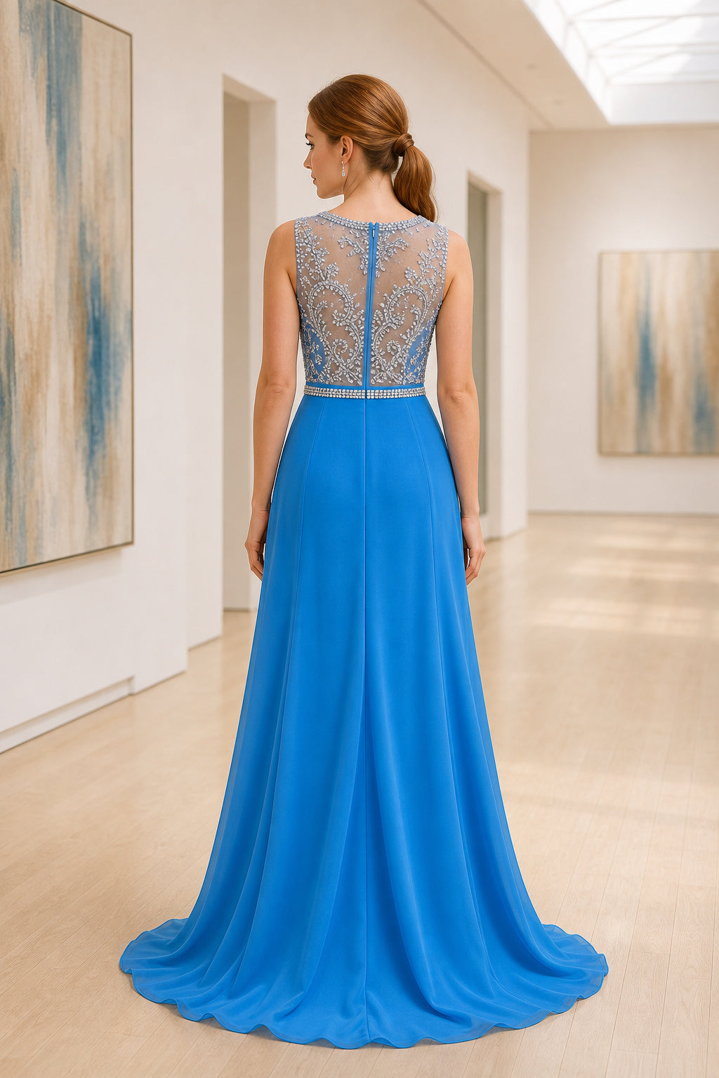 Blue Bateau Sleeveless A-Line Chiffon Floor-Length Dress With Lace Bodice