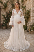 Ivory Long Bell Sleeve Lace Maternity Wedding Dress with Tiered Sleeves front view