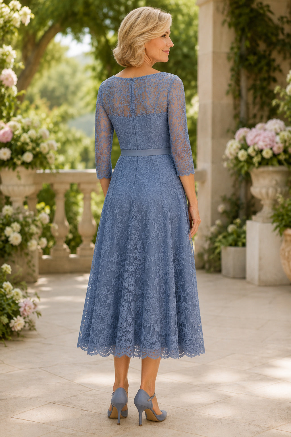 Steel Blue Tea Length Lace Mother Dress with Three Quarter Sleeves and A-Line Skirt back view