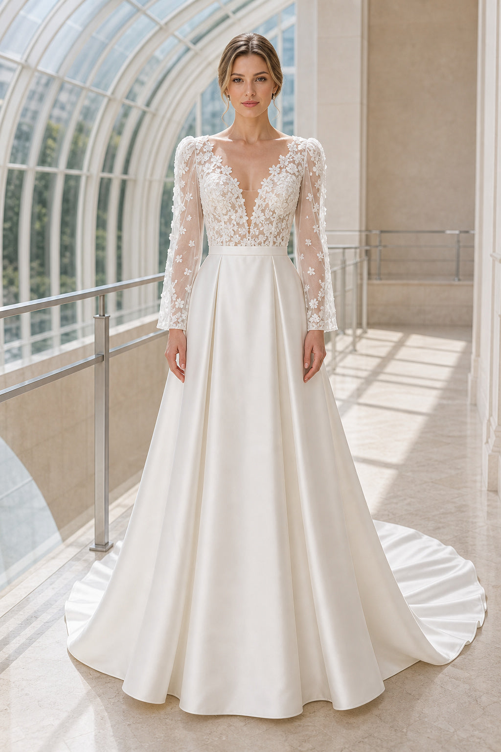 White Bateau Three-Quarter Sleeves A-Line Crepe Floor-length Wedding Dress With Open Back and Lace Bodice and Open Back