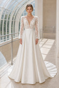 White Bateau Three-Quarter Sleeves A-Line Crepe Floor-length Wedding Dress With Open Back and Lace Bodice and Open Back