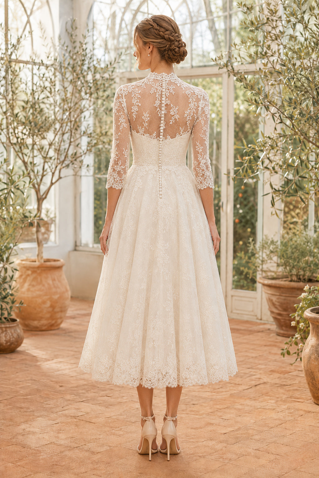 Ivory High Neck Long Sleeve Lace Tulle Tea-Length Wedding Dress with Long Lace Sleeves and Illusion Back back view