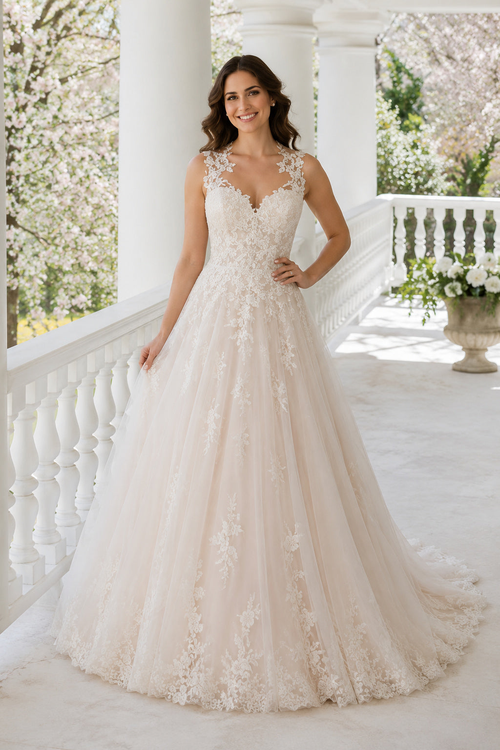 Wedding A-Line Lace Dress with V-Neck Bodice and Chapel Train front view