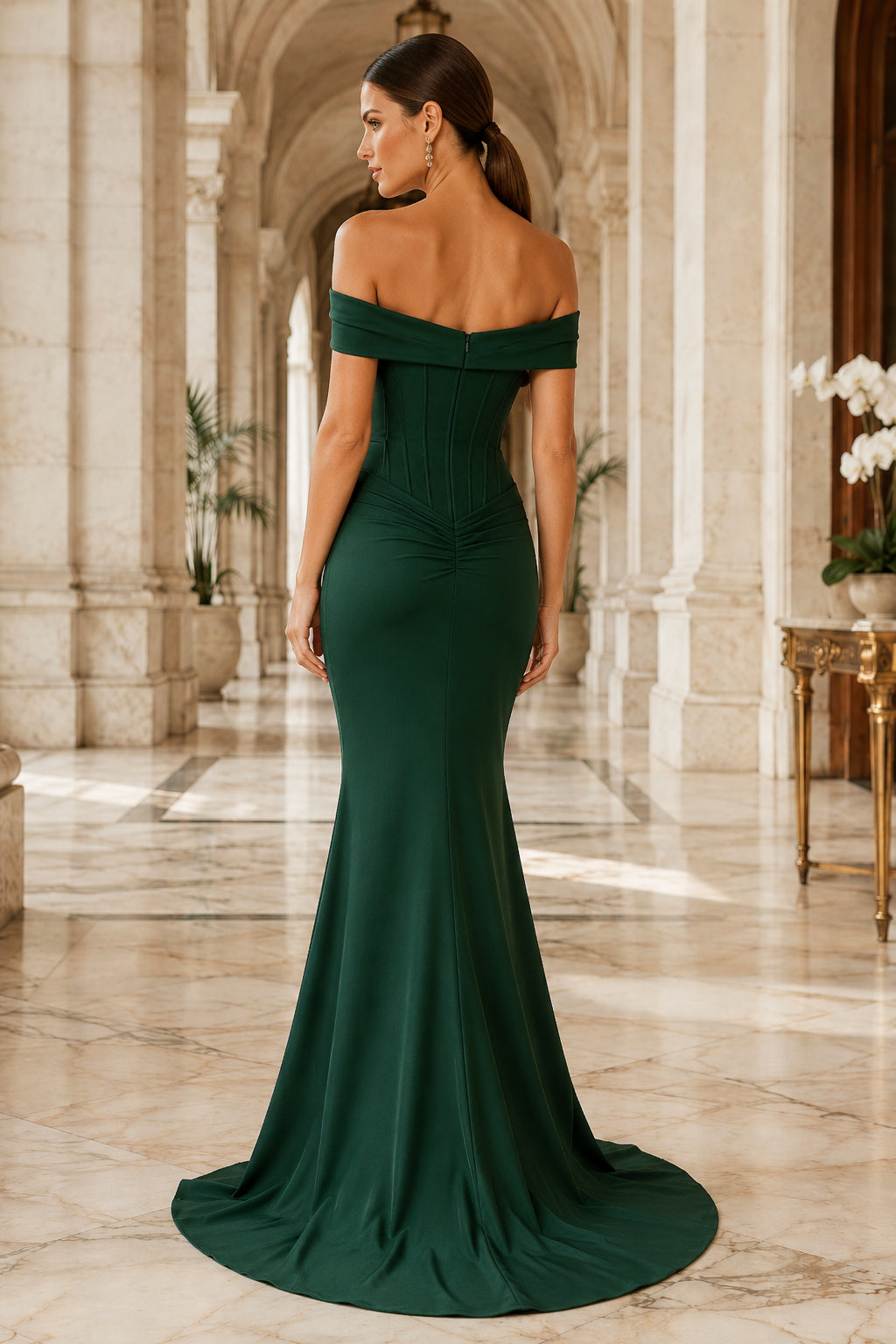 Dark Green Off the Shoulder Stretch Satin Mermaid Gown with Sweep Train Floor Length And Sweep/Brush Train Mermaid Trumpet Pr