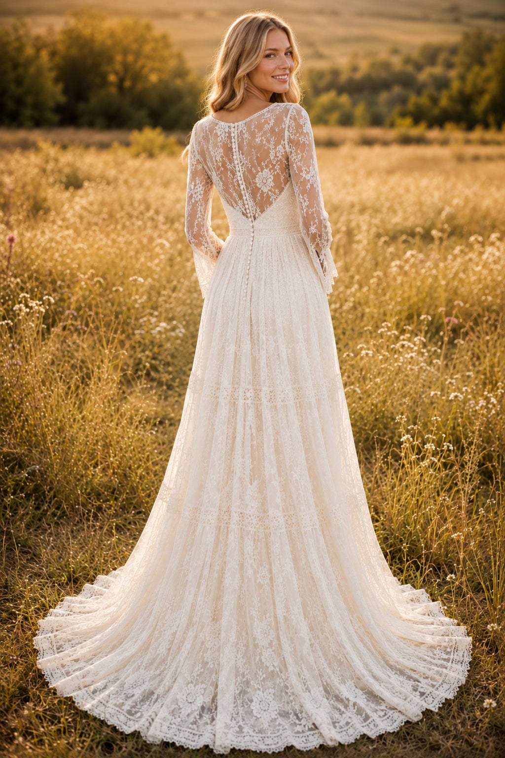 Ivory V-Neck Long Sleeve Lace A-Line Wedding Dress Keyhole Back for Wedding Ceremony and Reception back view