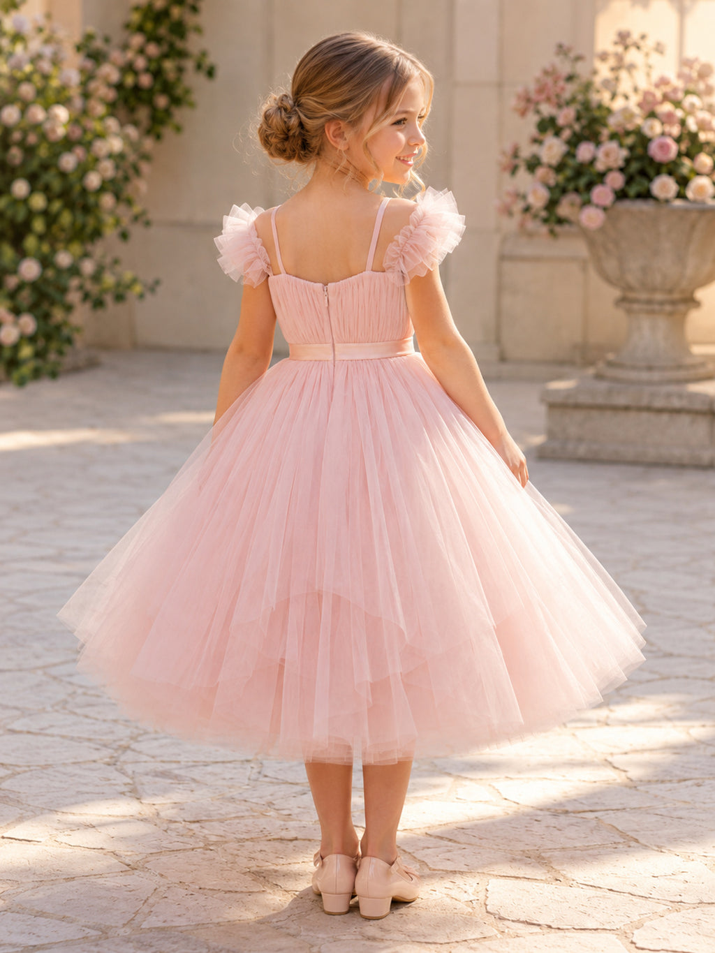 Blush Spaghetti Ruffle Sleeve Tiered Tea-Length Ball Gown Flower Girl Garden Wedding Tulle Dress back view