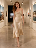 Champagne draped cowl satin gallery lighting midi dress front view