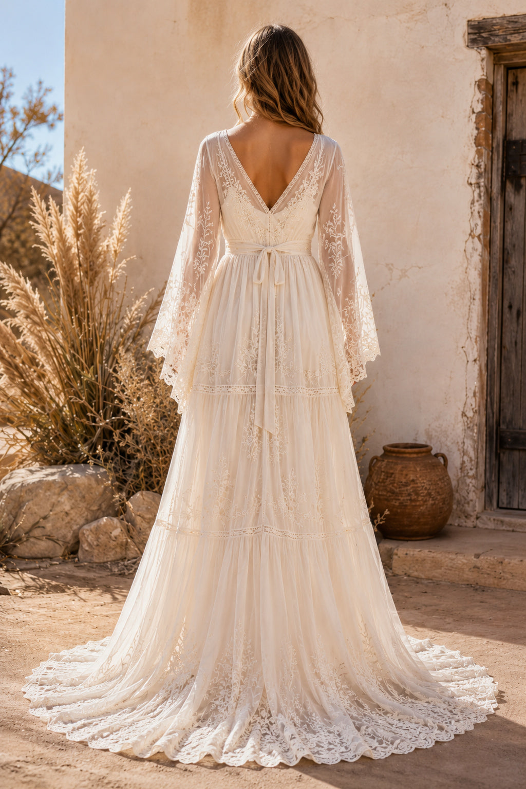 Long Sleeve V-Neck A-Line Wedding Dress with Lace Sleeves Tiered Skirt and Train back view