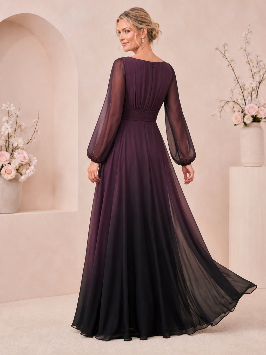 Plum Bateau Neck Poet Sleeve Ombre Chiffon Floor Guest Dress back view