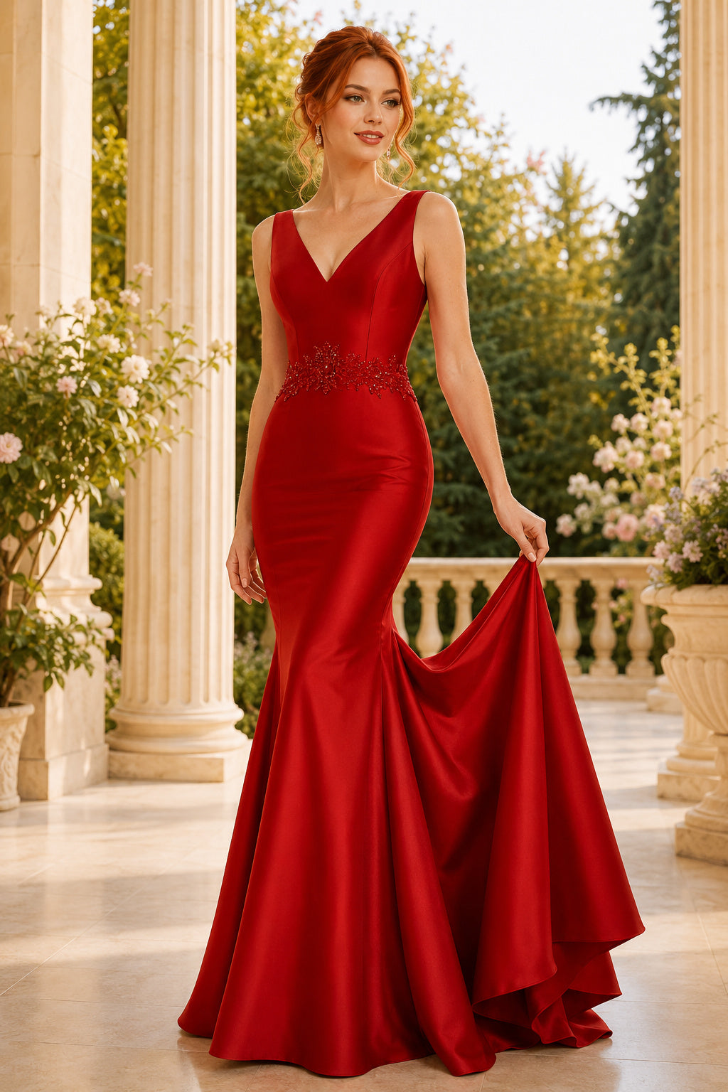 Red V-Neck Satin Mermaid Prom Dress with Low Back and Draped Skirt front view