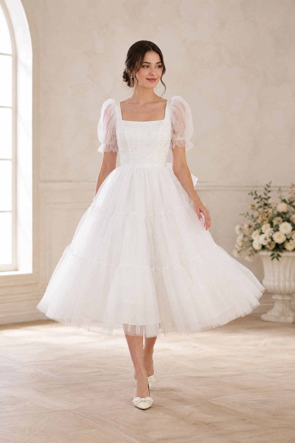 Ivory Square Neck Puff Sleeve Tea-Length Wedding Dress with Bow Back front view