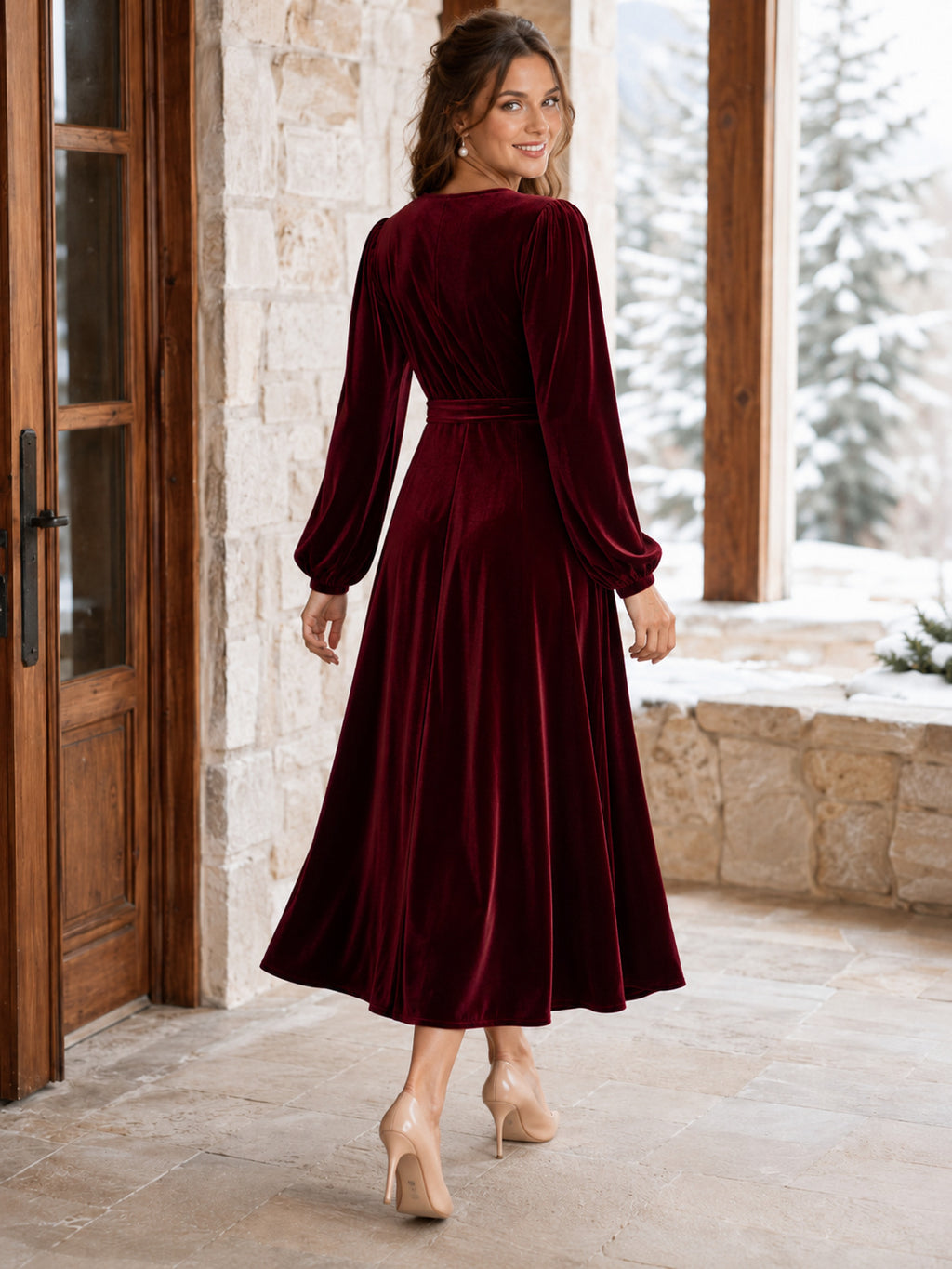 Burgundy V Neck Poet Sleeve Velvet A Line Midi Wedding Guest Dress back view