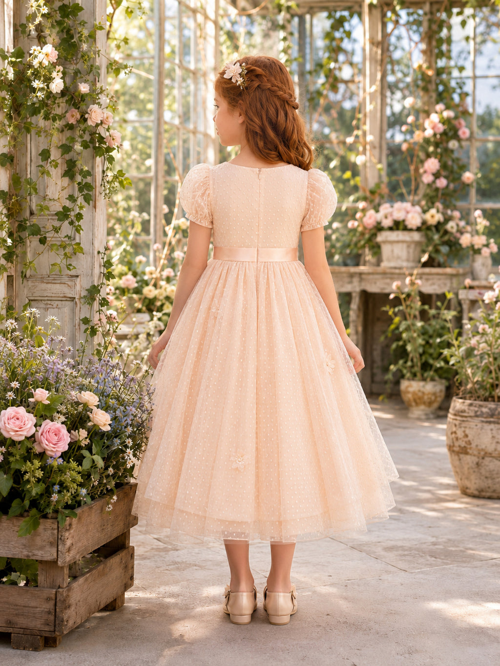 Simple A-Line Flower Girl Dress with Scoop Neck Cap Sleeves Blushing Pink Tulle Garden Reception back view