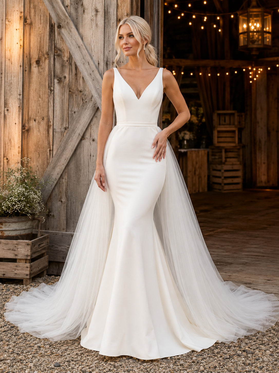 Stretch Satin Tulle Wedding Dress Mermaid V-Neck Sleeveless Sweep Train Bridal Gown front view