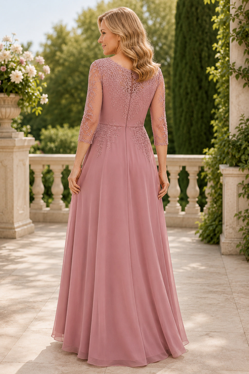 Dusty Rose V-Neck Chiffon A-Line Mother Dress with Lace Three Quarter Sleeves back view