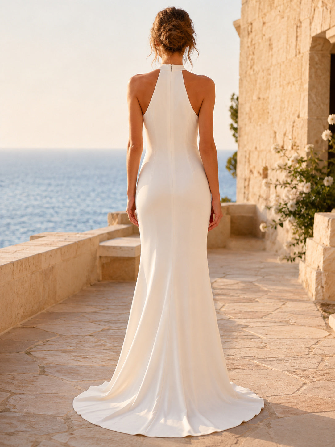 Minimalist Stretch Satin Wedding Dress Sheath Halter Sleeveless Sweep Train Bridal Gown back view