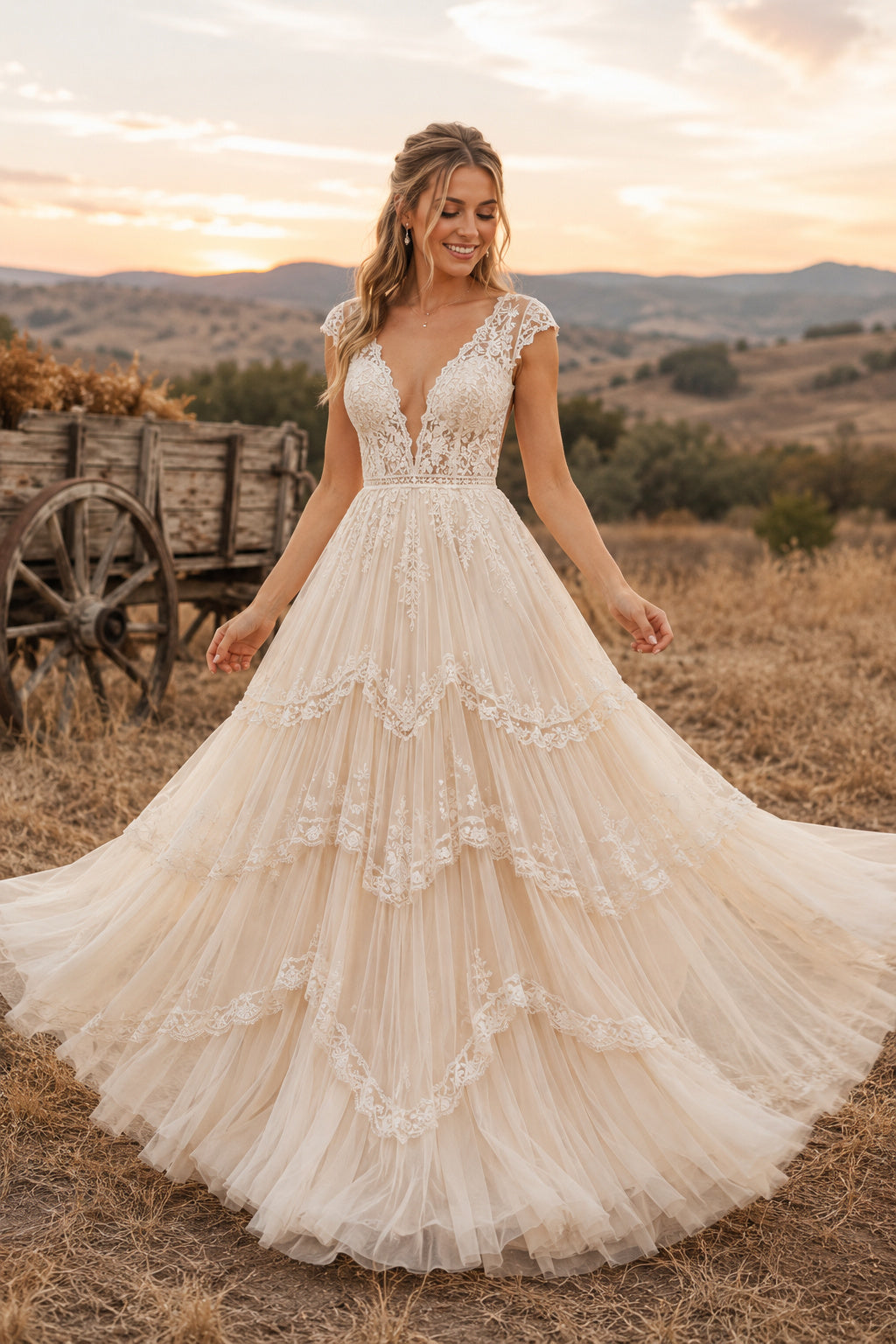 Ivory V-Neck Lace A-Line Wedding Dress with Tiered Tulle Skirt and Romantic Train front view