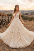Ivory V-Neck Lace A-Line Wedding Dress with Tiered Tulle Skirt and Romantic Train front view