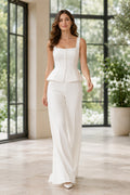 White Square Neck Satin Peplum Wedding Jumpsuit front view
