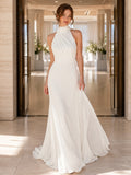 One Shoulder Open Back Chiffon Ballroom Wedding Dress front view