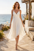 Ivory Spaghetti V-Neck Chiffon High Low Tea Length Wedding Dress for Wedding Reception and Party front view