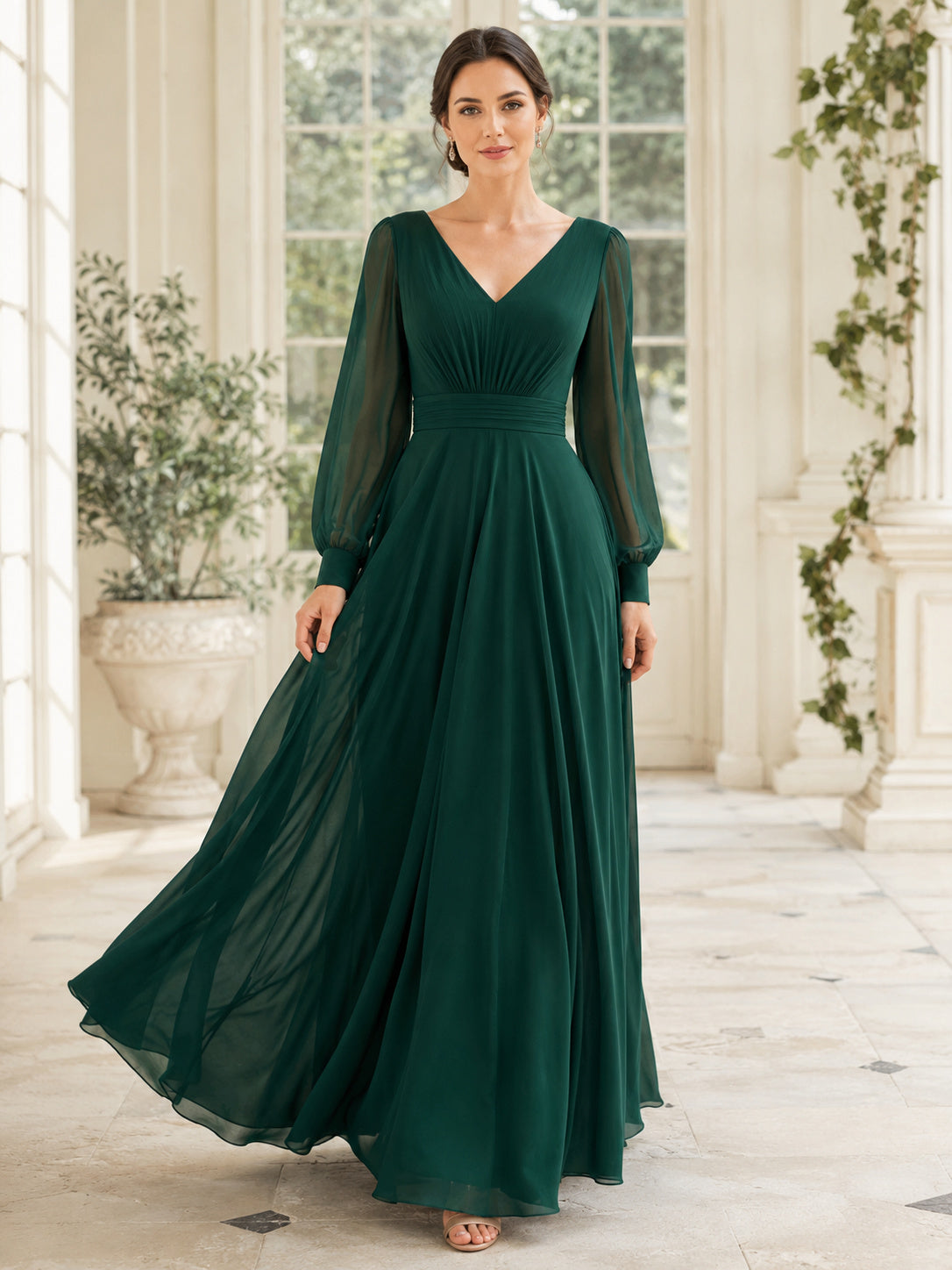 Dark Green V Neck Chiffon Long Sleeve Evening Dress front view