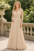 Champagne V-Neck Long Sleeve Lace A-Line Mother Dress with Chiffon Skirt front view