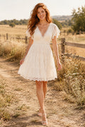 Ivory V-Neck Flutter Sleeve Lace A-Line Knee-Length Cocktail Dress with Scalloped Hem front view