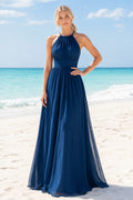 Dark Navy Halter Chiffon A-Line Beach Bridesmaid Dress with Tie Neck and Open Back front view