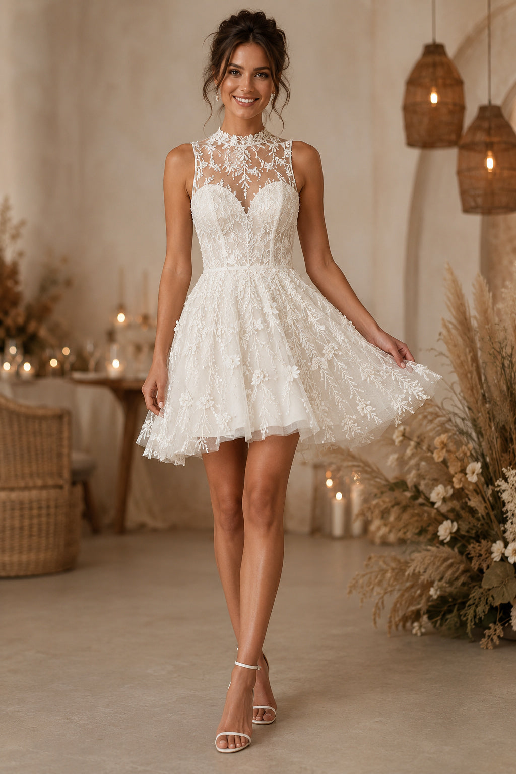 Ivory High Neck Lace Tulle Mini Reception Dress Illusion Back for Wedding Reception and Party front view
