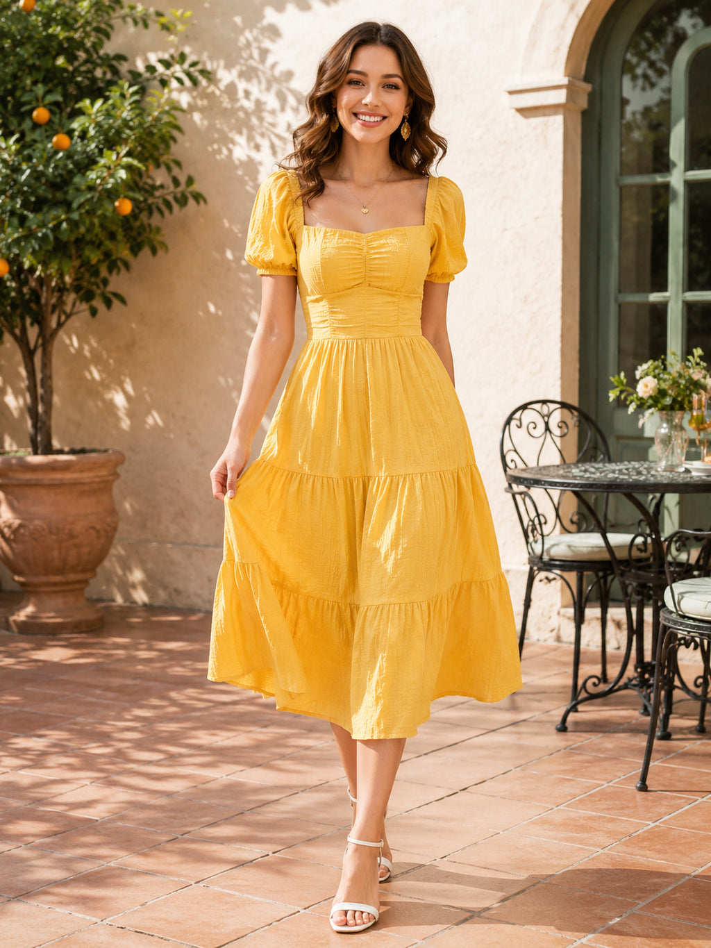 Yellow square neck puff sleeve tiered midi sundress front view