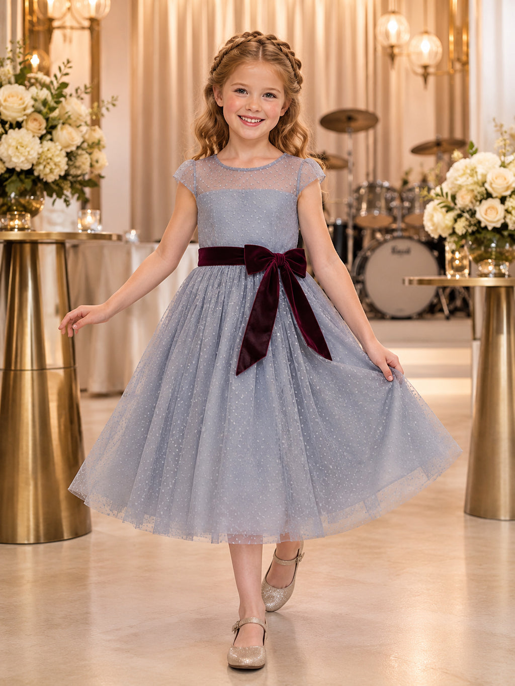 Slate Blue Flower Girl Dress Tea-Length Sparkle Tulle A-Line Illusion Jewel Cap Sleeve Burgundy Velvet Bow front view