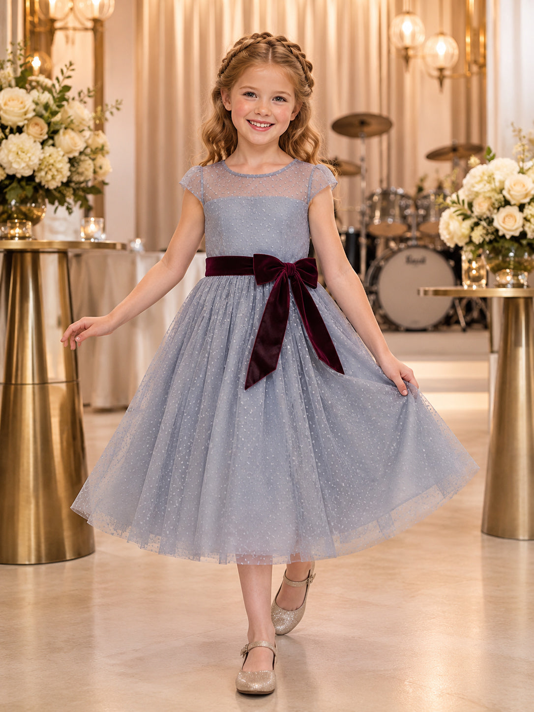 Slate Blue Flower Girl Dress Tea-Length Sparkle Tulle A-Line Illusion Jewel Cap Sleeve Burgundy Velvet Bow front view