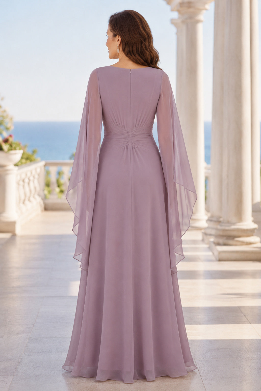 Vintage Mauve Bateau Mother Dress with Sheer Cape Sleeves and Ruched Waist for Evening Reception back view