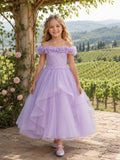 Romantic Luxury Flower Girl Dress Off Shoulder Cap Sleeve Lavender Tulle Tiered Tea Length Bow front view
