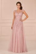 Blushing Pink Cap Sleeve Tulle A-Line Prom Dress with Lace Applique front view