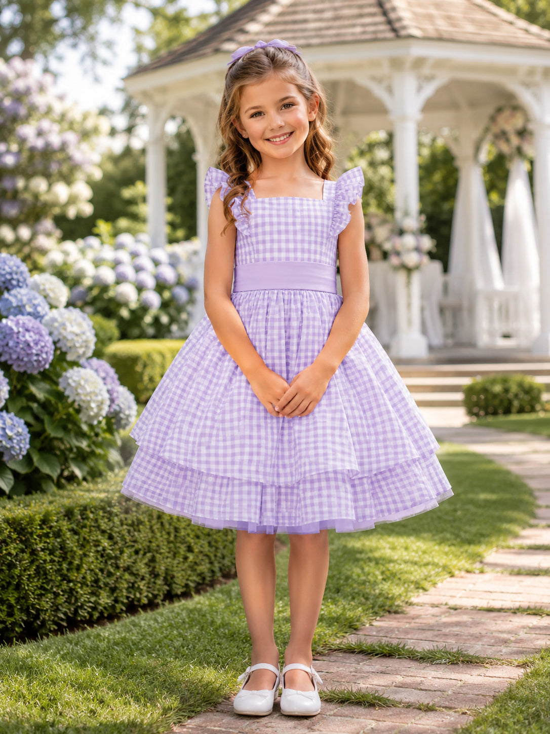 Lavender Gingham A-Line Taffeta Flower Girl Dress, Short Sleeve Petal, Square Neck, Ruffled Knee-Length Garden front view