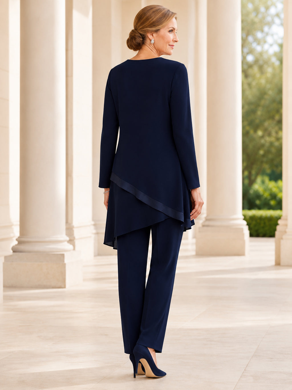 Dark Navy Modest Bateau Long-Sleeve Asymmetrical-Layered Tunic Straight-Leg Mother of the Bride Pantsuit back view