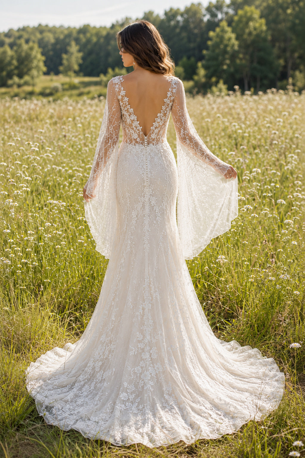 Ivory Long Bell Sleeve V-Neck Lace Mermaid Wedding Dress for Wedding Ceremony and Reception back view