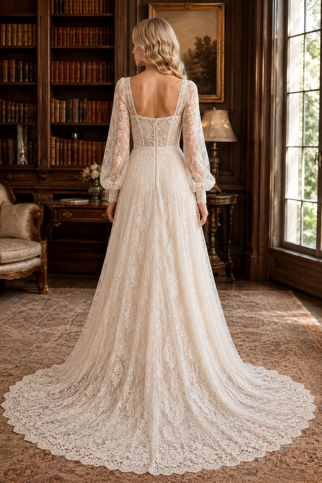 Ivory Square Neck Long Sleeve Lace A-Line Wedding Dress Train for Wedding Ceremony and Reception Style MG_701459 back view
